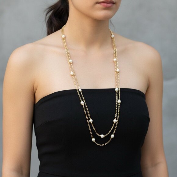 Napier Jewelry - Napier Gold-Tone Double-Strand Chain  Necklace With Faux Pearl Accents- Vintage